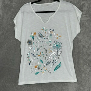 Armand Thiery L Large Shirt Top White‎ Floral Cap Short Sleeve Split Scoop Neck